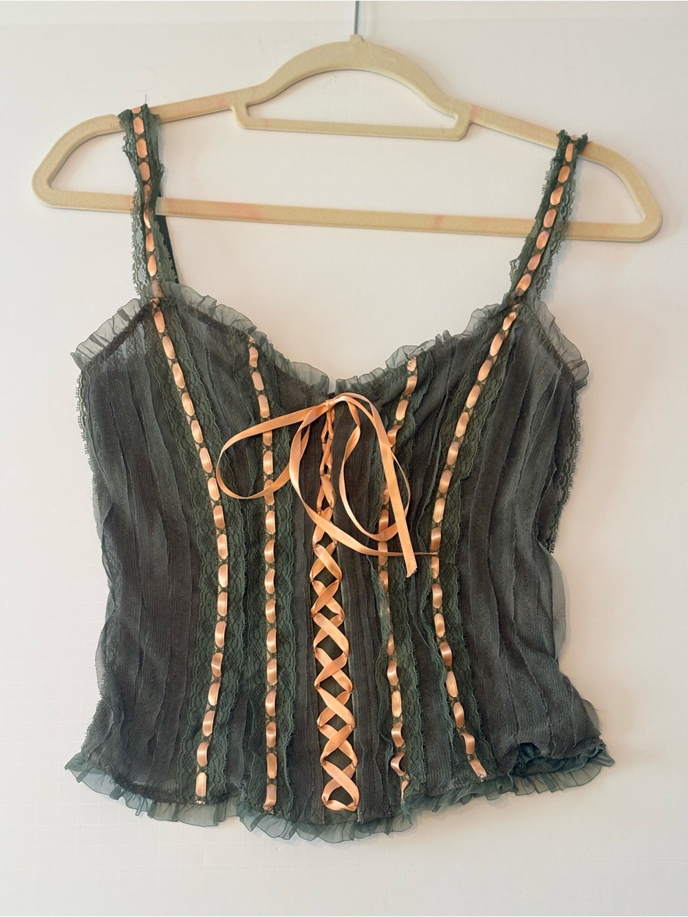 Kacey Montoya’s Closet | Cinema Haute Couture Olive Green Lace-Trim Camisole